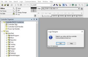 PLC Ethernet Communications Timed Out Dialog